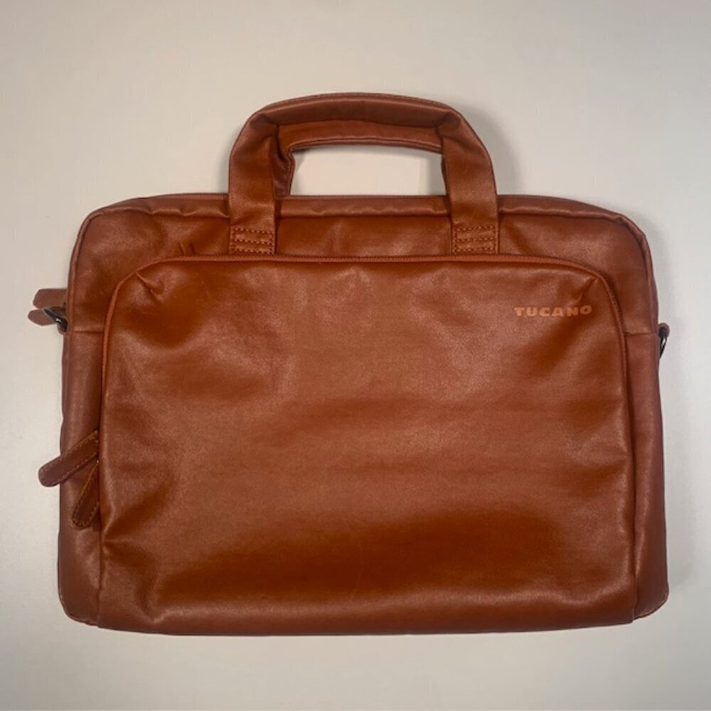 Tucano Brown Faux Leather Laptop Briefcase Top Handle Work Bag - Picture 2 of 7